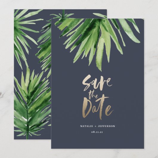 Tropisch palmblad en goudschrift save the date (Voorkant / Achterkant)