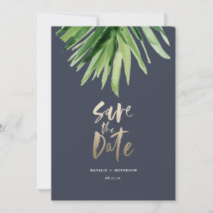 Tropisch palmblad en goudschrift save the date