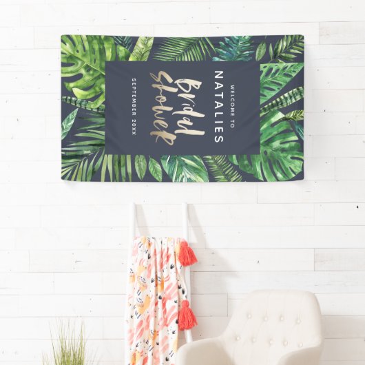 Tropisch palmblad en vrijgezellenfeest met gouden  spandoek (Insitu)