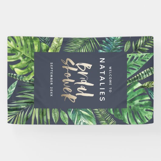 Tropisch palmblad en vrijgezellenfeest met gouden  spandoek (Horizontaal)