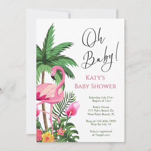Tropisch palmblad Flamingo Baby shower Kaart (Voorkant)