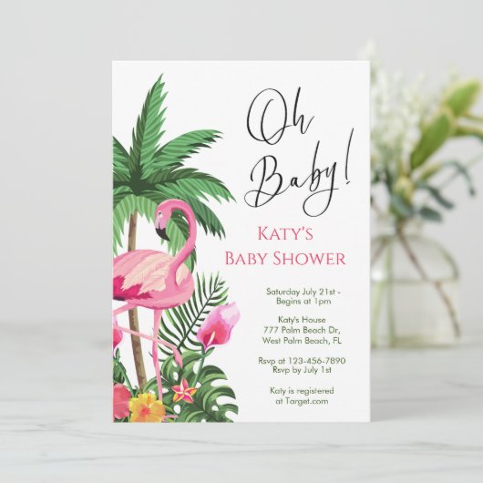Tropisch palmblad Flamingo Baby shower Kaart (Staand voorkant)