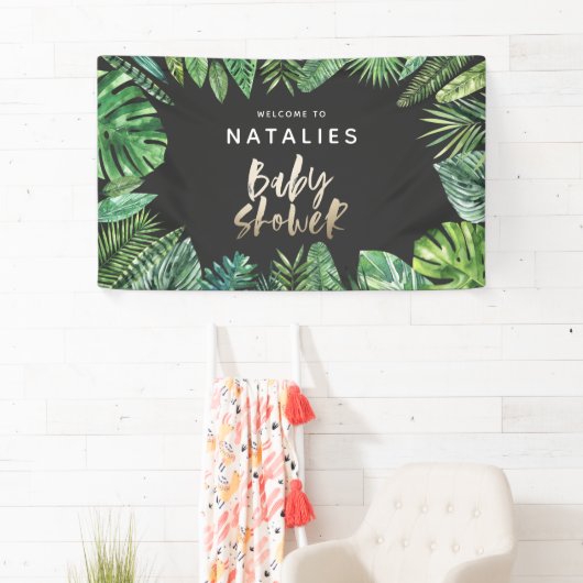 Tropisch palmblad & gouden script baby shower spandoek (Insitu)
