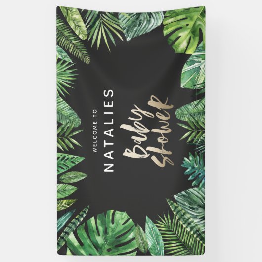 Tropisch palmblad & gouden script baby shower spandoek (Verticaal)