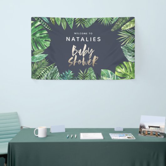 Tropisch palmblad & gouden script baby shower spandoek (Beurs)