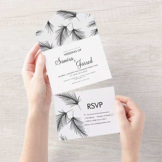 Tropisch Palmblad Handgetekend Zwart Bruiloft All In One Uitnodiging (Afscheurbaar)
