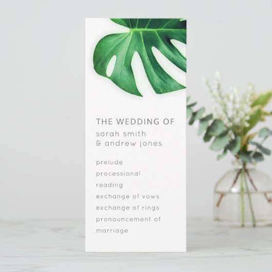 Tropisch palmblad minimalistisch trouwprogramma kaart (Staand voorkant)