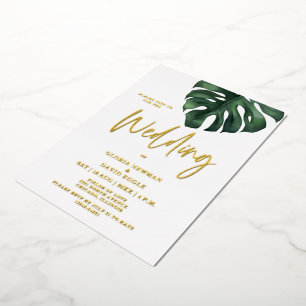 Tropisch Palmblad Monstera Trouw Goud Folie Uitnodiging