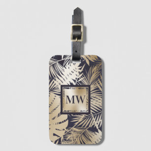 Tropisch palmblad namaak goud navy monogram eiland bagagelabel