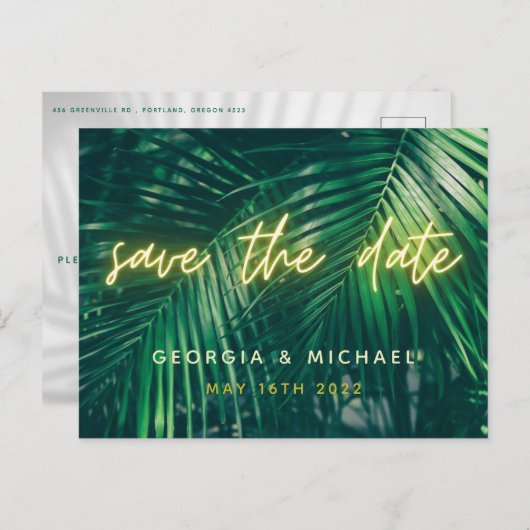 tropisch palmblad neon script moderne trendy save aankondigingskaart (Voorkant / Achterkant)