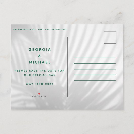 tropisch palmblad neon script moderne trendy save aankondigingskaart (Achterkant)