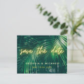 tropisch palmblad neon script moderne trendy save aankondigingskaart (Staand voorkant)