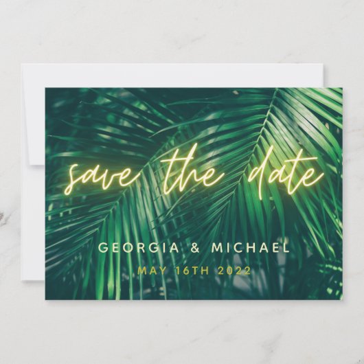 tropisch palmblad neon script moderne trendy save the date (Voorkant)