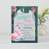 Tropisch palmblad, roze flamingo's verjaardag kaart (Staand voorkant)