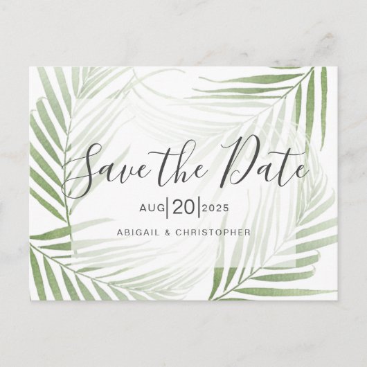 Tropisch palmblad salie groen save the date briefkaart (Voorkant)