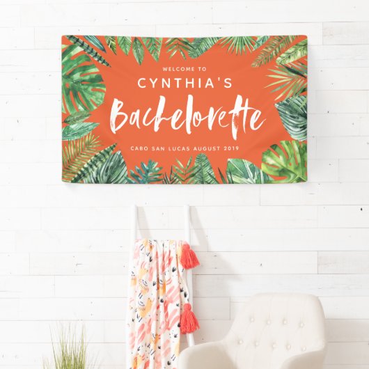 Tropisch palmblad & script bachelorette spandoek (Insitu)