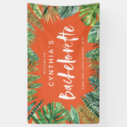 Tropisch palmblad & script bachelorette spandoek (Verticaal)