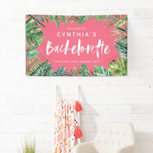 Tropisch palmblad & script bachelorette spandoek (Insitu)