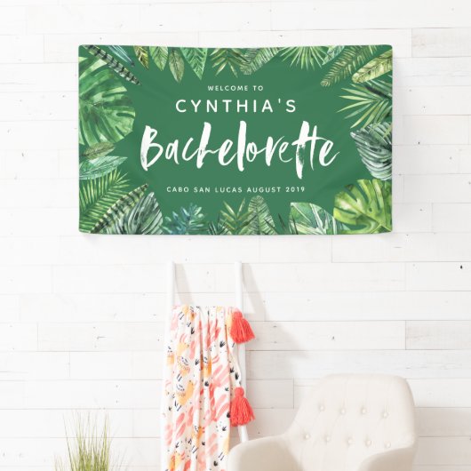 Tropisch palmblad & script bachelorette spandoek (Insitu)