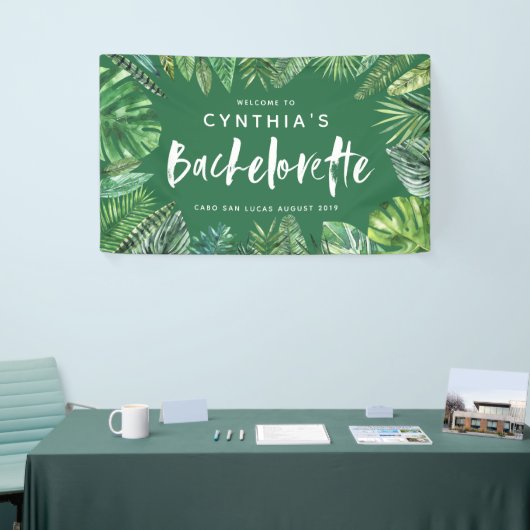 Tropisch palmblad & script bachelorette spandoek (Beurs)