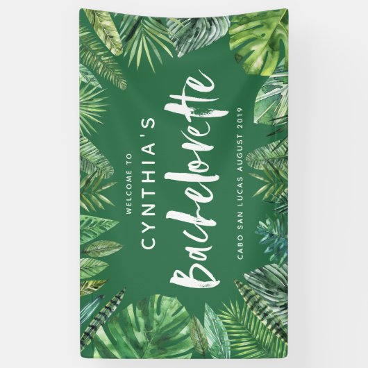 Tropisch palmblad & script bachelorette spandoek (Verticaal)