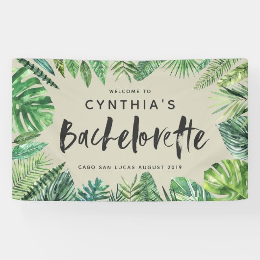 Tropisch palmblad & script bachelorette spandoek (Horizontaal)