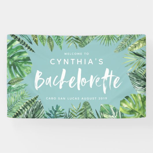 Tropisch palmblad & script bachelorette spandoek (Horizontaal)