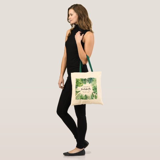 Tropisch palmblad & script bachelorette vakantie tote bag (Voorkant (model))