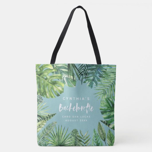 Tropisch palmblad & script bachelorette vakantie tote bag (Voorkant)