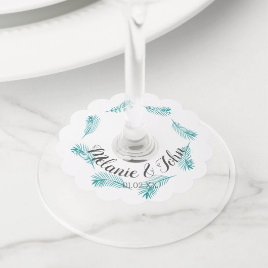 Tropisch Palmbladeren Cirkel Logo - Namen van Kopp Wijnglaslabel (Dichtbij)