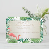 Tropisch palmbladeren, flamingo's  Trouw RSVP-kaar Kaart (Staand voorkant)