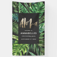 Tropisch palmbladgoudschrift zwarte aloha verjaard