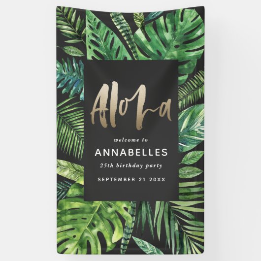Tropisch palmbladgoudschrift zwarte aloha verjaard spandoek (Verticaal)