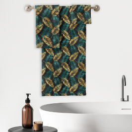 Tropisch palmbladpatroon zwart teal goud bad handdoek