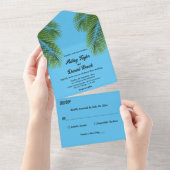 Tropisch palmblauw strandbestemmingshuwelijk marin all in one uitnodiging (Afscheurbaar)