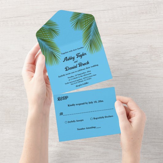Tropisch palmblauw strandbestemmingshuwelijk marin all in one uitnodiging (Afscheurbaar)