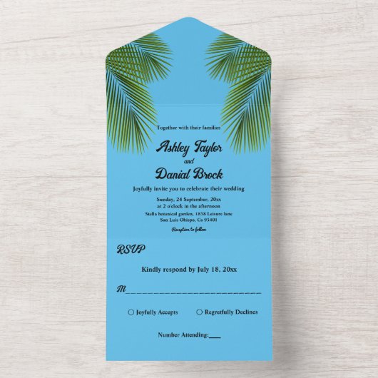 Tropisch palmblauw strandbestemmingshuwelijk marin all in one uitnodiging (Binnen)