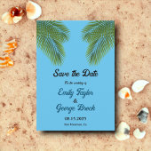 Tropisch palmblauw strandbestemmingshuwelijk marin save the date