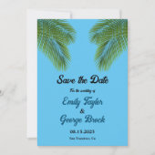 Tropisch palmblauw strandbestemmingshuwelijk marin save the date (Voorkant)