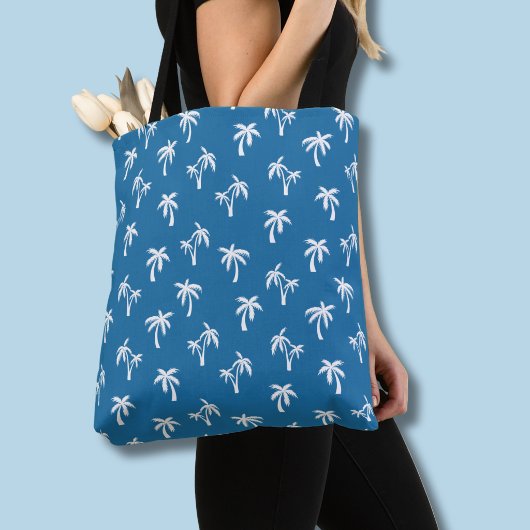 Tropisch palmbomenpatroon blauw tote bag