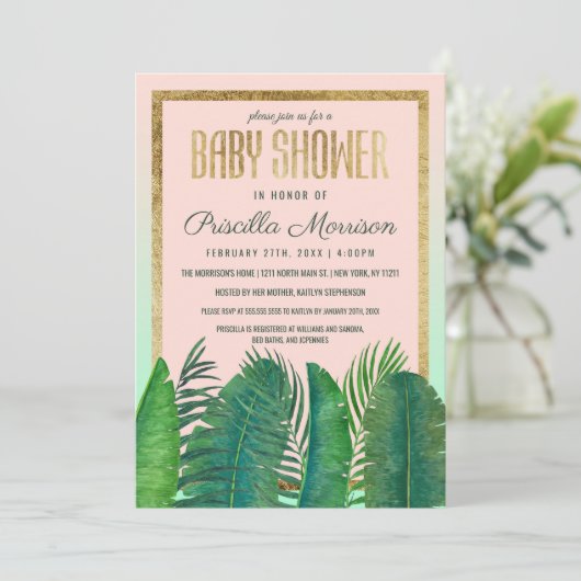 Tropisch palmboom Banana Leaf Gold Baby shower Kaart (Staand voorkant)