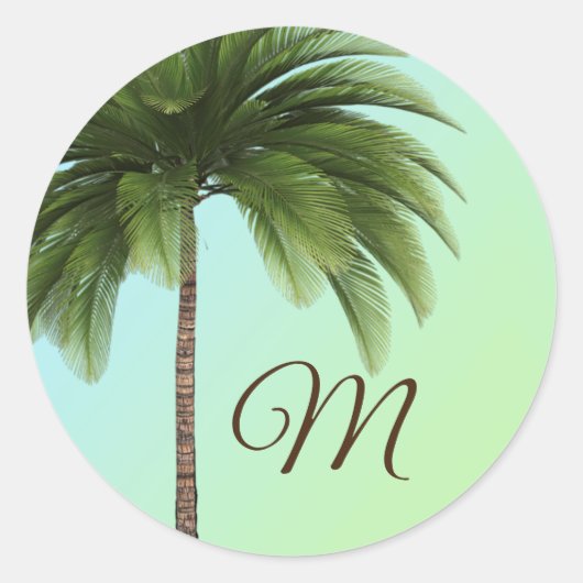Tropisch palmboom Groen elegant monogram Ronde Sticker (Voorkant)