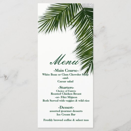 Tropisch palmboomblad elegant trouwmenu menu (Voorkant)