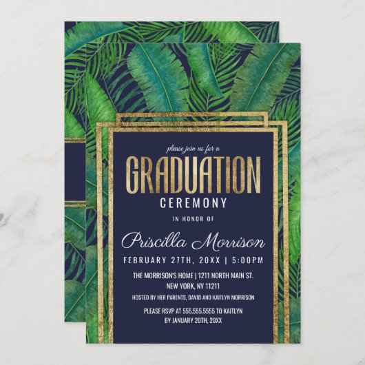 Tropisch palmboomgroen goudblauw Afstuderen Kaart (Voorkant / Achterkant)