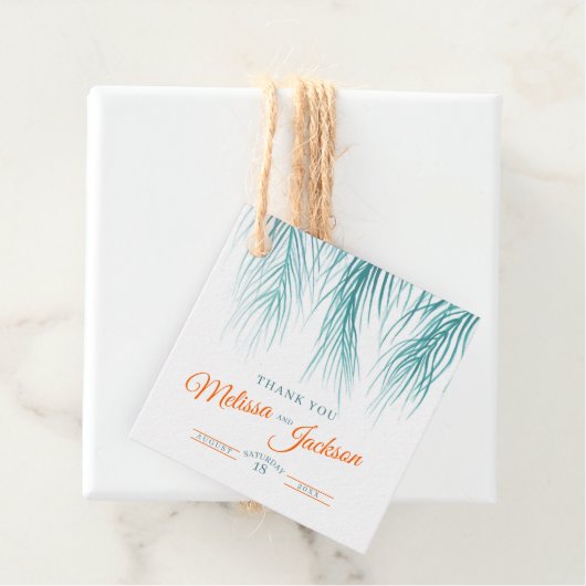 Tropisch palmbruiloft bedankt donkergroen sinaasap bedankjes labels (In situ)