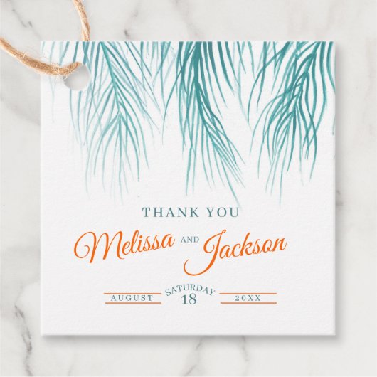 Tropisch palmbruiloft bedankt donkergroen sinaasap bedankjes labels (Voorkant)