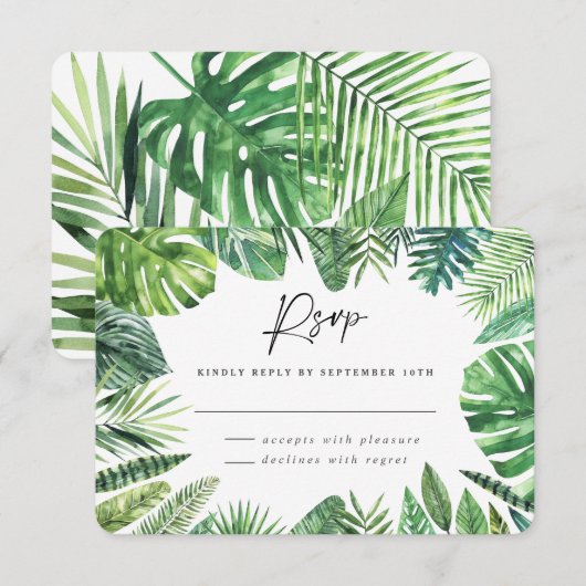 Tropisch palmenloof bruiloft RSVP antwoord  (Voorkant / Achterkant)