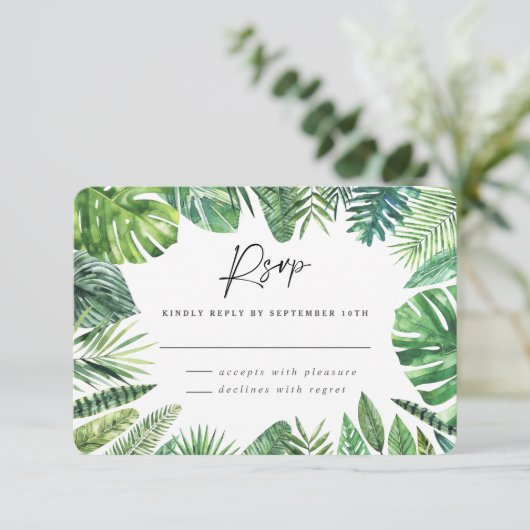 Tropisch palmenloof bruiloft RSVP antwoord  (Staand voorkant)