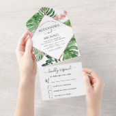 Tropisch palmgeometrisch Roos Gold Wedding All In One Uitnodiging (Afscheurbaar)