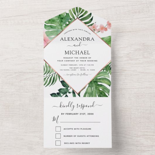 Tropisch palmgeometrisch Roos Gold Wedding All In One Uitnodiging (Binnen)